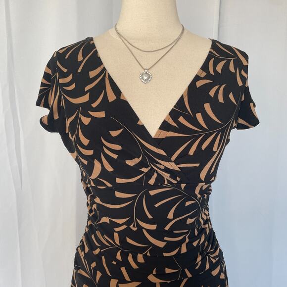 Midi Dress Size 12 Black Tan Faux Wrap V neck Stretch A Line Short Sleeve Y2K - Picture 3 of 14